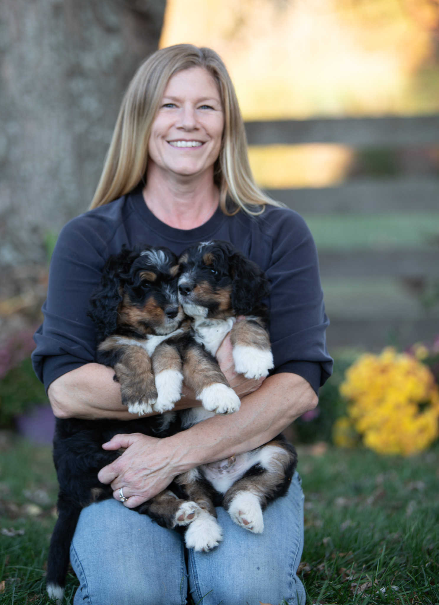 Charo of White Oak Doodles holding two tri-color Bernedoodle puppies in East Tennessee